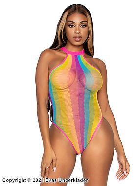 Dessous-Teddy, Netz, Neckholder, Regenbogen, bunte Streifen